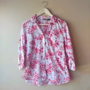 EDDIE BAUER Floral Button Down Blouse Top 3/4 Sleeves White Red Pink Medium